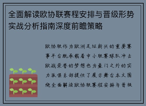 全面解读欧协联赛程安排与晋级形势实战分析指南深度前瞻策略