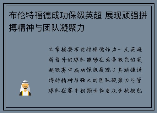 布伦特福德成功保级英超 展现顽强拼搏精神与团队凝聚力